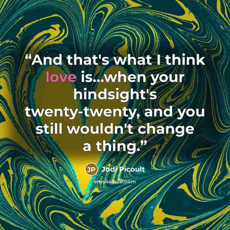 “And that's what I think love is...when your hindsight's twenty-twenty, and you still wouldn't change a thing.” quote by Jodi Picoult