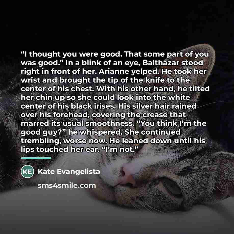 “I thought you were good. That some part of you was good.” In a blink of an eye, Balthazar stood right in front of her. Arianne yelped. He took her wrist and brought the tip of the knife to the center of his chest. With his other hand, he tilted her chin up so she could look into the white center…” quote by Kate Evangelista