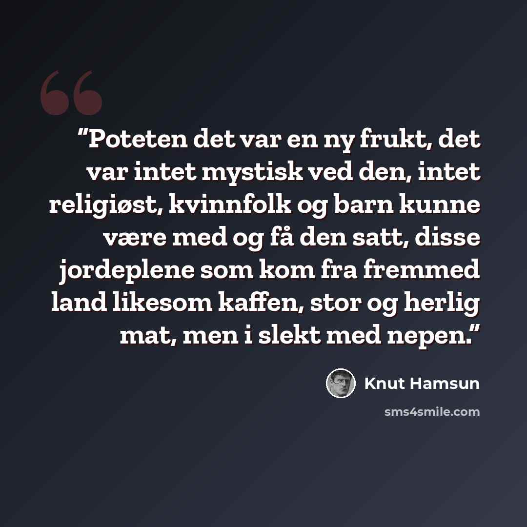 “Poteten det var en ny frukt, det var intet mystisk ved den, intet religiøst, kvinnfolk og barn kunne være med og få den satt, disse jordeplene som kom fra fremmed land likesom kaffen, stor og herlig mat, men i slekt med nepen.” quote by Knut Hamsun