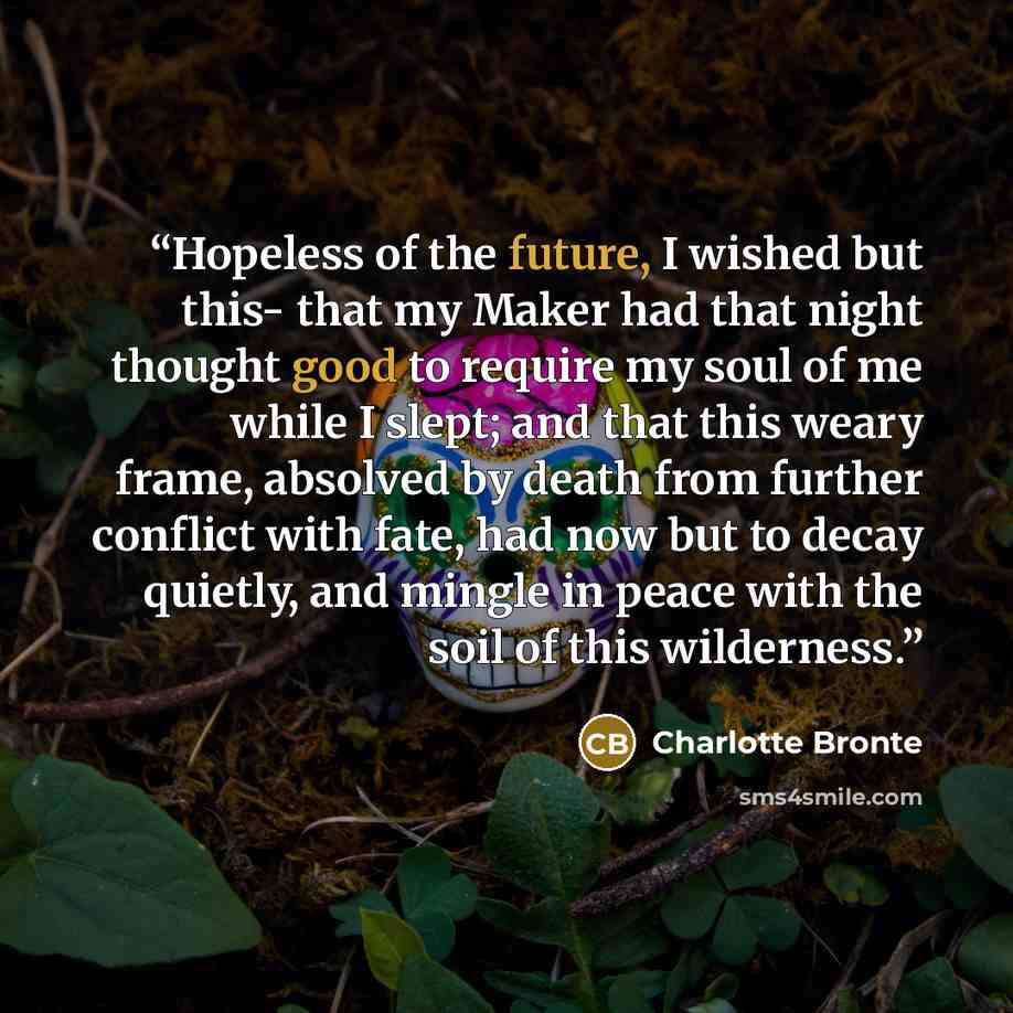 “Hopeless of the future, I wished but this- that my Maker had that night thought good to require my soul of me while I slept; and that this weary frame, absolved by death from further conflict with fate, had now but to decay quietly, and mingle in peace with the soil of this wilderness.” quote by Charlotte Brontë