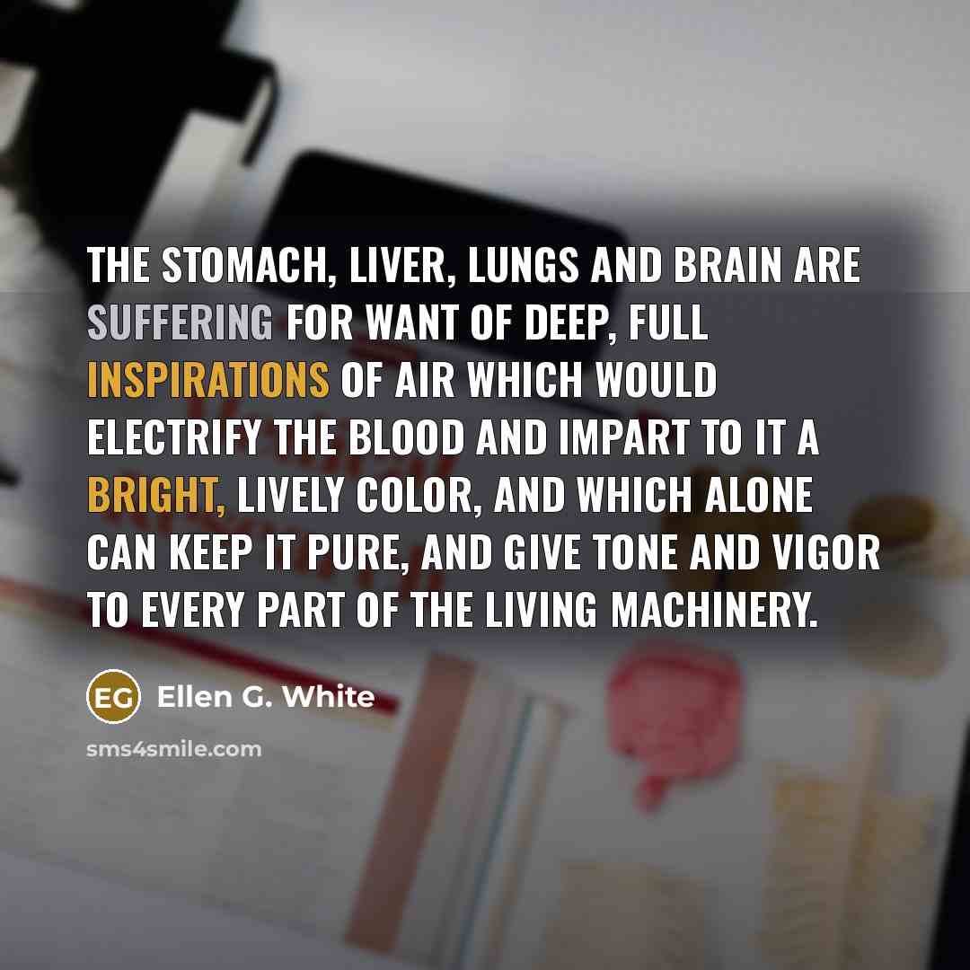 “The stomach, liver, lungs and brain are suffering for want of deep, full inspirations of air which would electrify the blood and impart to it a bright, lively color, and which alone can keep it pure, and give tone and vigor to every part of the living machinery.” quote by Ellen G. White