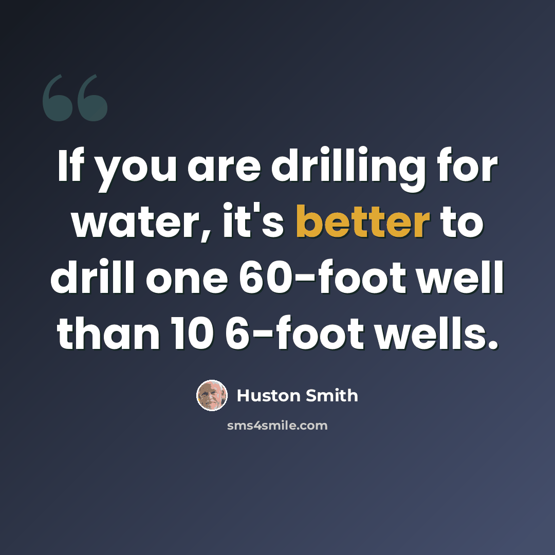 “If you are drilling for water, it's better to drill one 60-foot well than 10 6-foot wells.” quote by Huston Smith