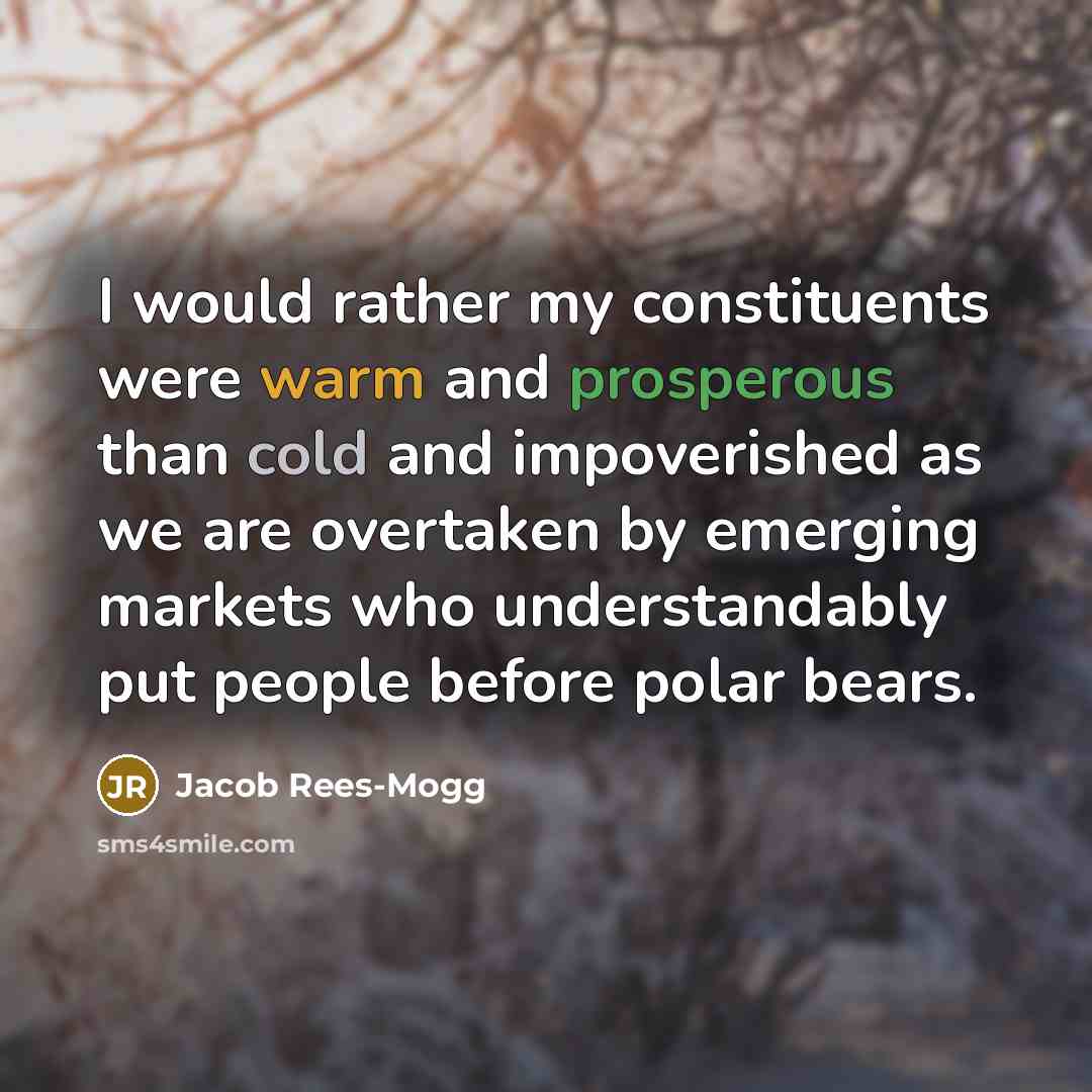 “I would rather my constituents were warm and prosperous than cold and impoverished as we are overtaken by emerging markets who understandably put people before polar bears.” quote by Jacob Rees-Mogg