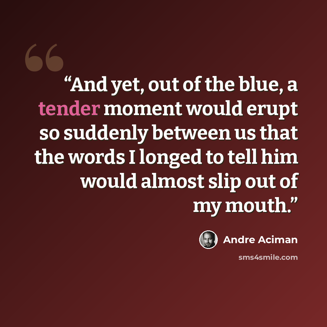 “And yet, out of the blue, a tender moment would erupt so suddenly between us that the words I longed to tell him would almost slip out of my mouth.” quote by André Aciman