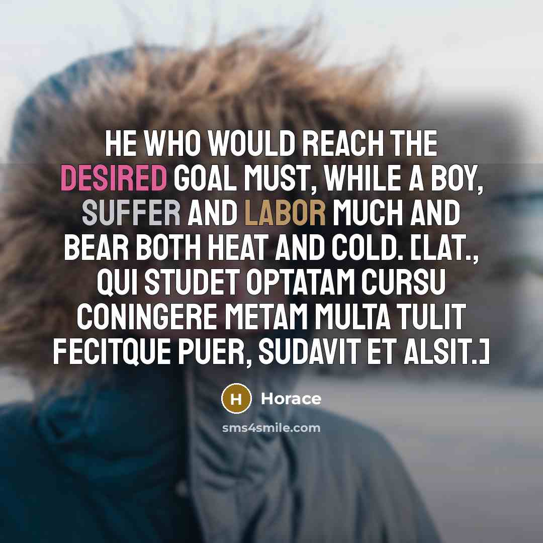 “He who would reach the desired goal must, while a boy, suffer and labor much and bear both heat and cold. [Lat., Qui studet optatam cursu coningere metam Multa tulit fecitque puer, sudavit et alsit.]” quote by Horace
