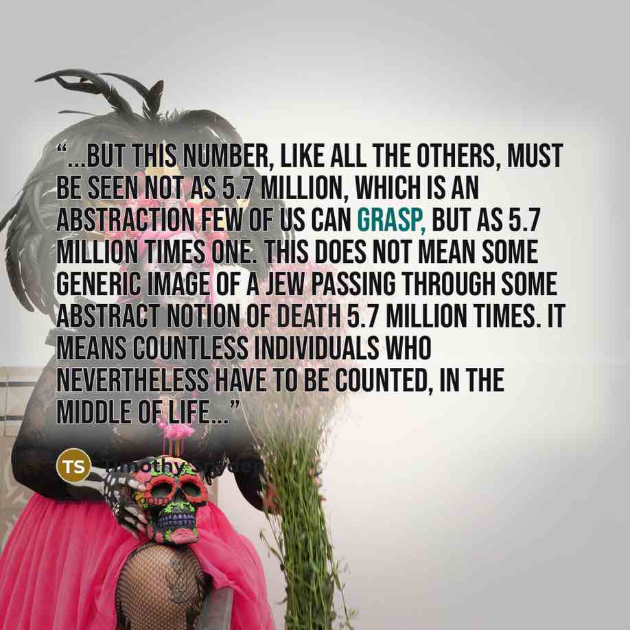 “...But this number, like all the others, must be seen not as 5.7 million, which is an abstraction few of us can grasp, but as 5.7 million times one. This does not mean some generic image of a Jew passing through some abstract notion of death 5.7 million times. It means countless individuals who…” quote by Timothy Snyder