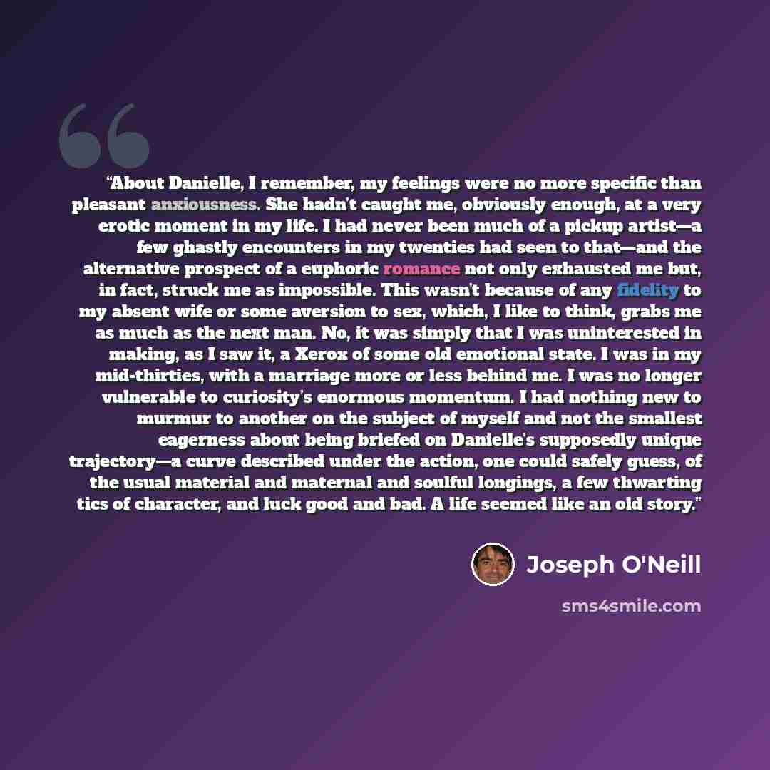 “About Danielle, I remember, my feelings were no more specific than pleasant anxiousness. She hadn’t caught me, obviously enough, at a very erotic moment in my life. I had never been much of a pickup artist—a few ghastly encounters in my twenties had seen to that—and the alternative prospect of a…” quote by Joseph O'Neill