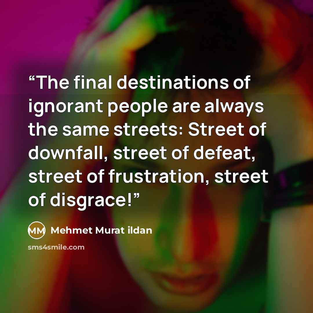 “The final destinations of ignorant people are always the same streets: Street of downfall, street of defeat, street of frustration, street of disgrace!” quote by Mehmet Murat ildan