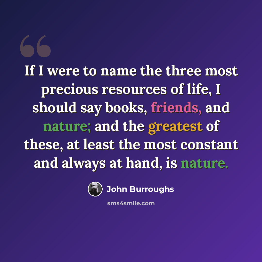 “If I were to name the three most precious resources of life, I should say books, friends, and nature; and the greatest of these, at least the most constant and always at hand, is nature.” quote by John Burroughs