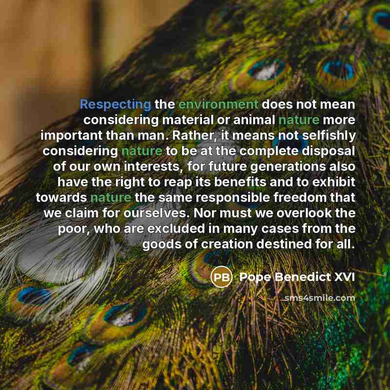 “Respecting the environment does not mean considering material or animal nature more important than man. Rather, it means not selfishly considering nature to be at the complete disposal of our own interests, for future generations also have the right to reap its benefits and to exhibit towards…” quote by Pope Benedict XVI