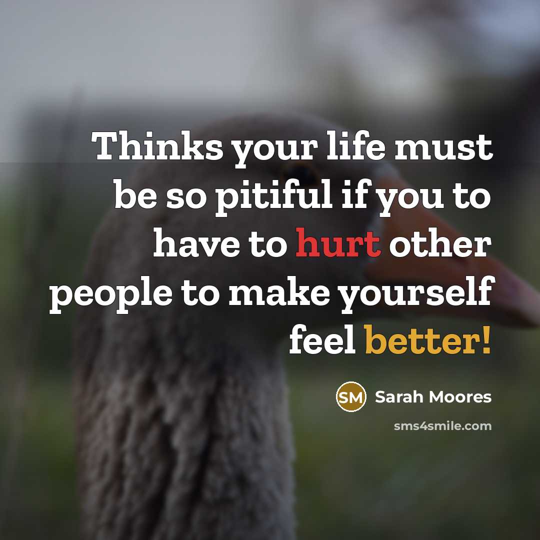“Thinks your life must be so pitiful if you to have to hurt other people to make yourself feel better!” quote by Sarah Moores
