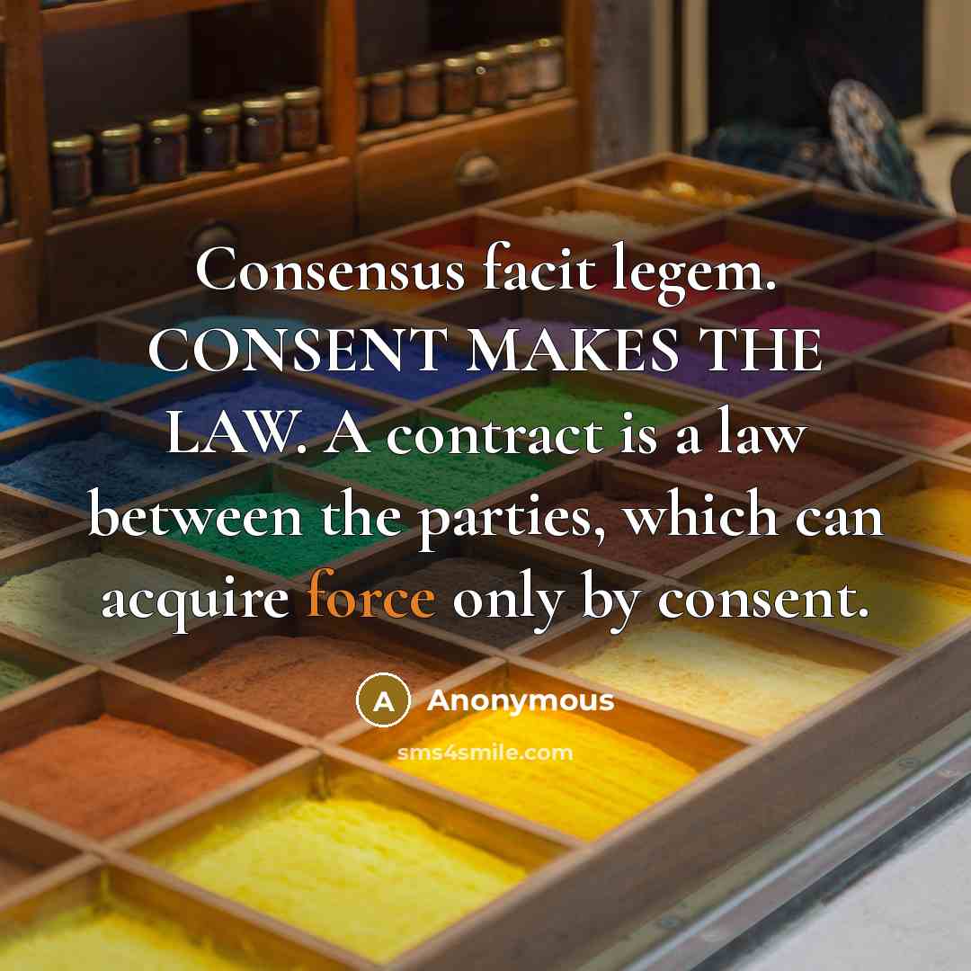 “Consensus facit legem. CONSENT MAKES THE LAW. A contract is a law between the parties, which can acquire force only by consent.” quote by Anonymous