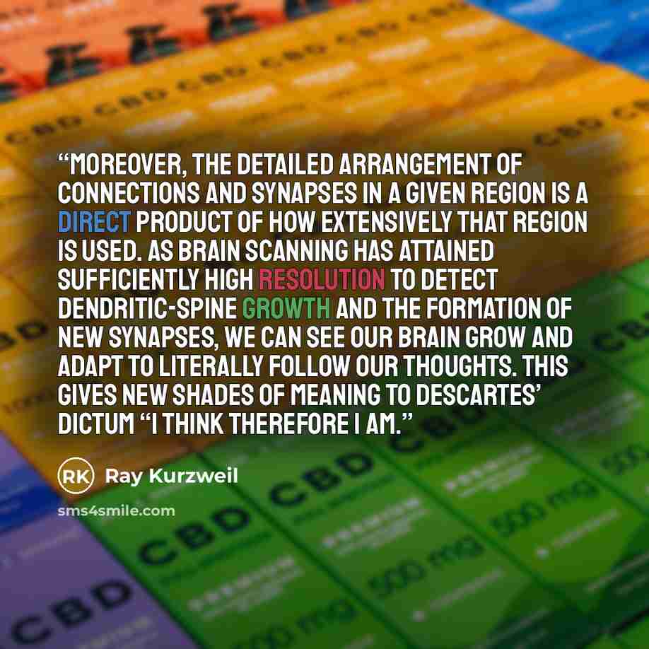 “Moreover, the detailed arrangement of connections and synapses in a given region is a direct product of how extensively that region is used. As brain scanning has attained sufficiently high resolution to detect dendritic-spine growth and the formation of new synapses, we can see our brain grow and…” quote by Ray Kurzweil