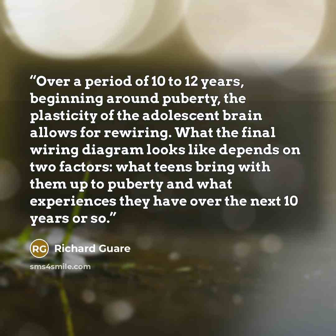 “Over a period of 10 to 12 years, beginning around puberty, the plasticity of the adolescent brain allows for rewiring. What the final wiring diagram looks like depends on two factors: what teens bring with them up to puberty and what experiences they have over the next 10 years or so.” quote by Richard Guare
