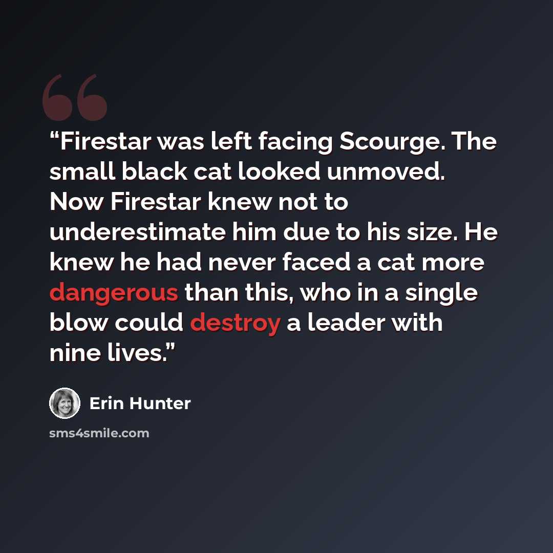 “Firestar was left facing Scourge. The small black cat looked unmoved. Now Firestar knew not to underestimate him due to his size. He knew he had never faced a cat more dangerous than this, who in a single blow could destroy a leader with nine lives.” quote by Erin Hunter