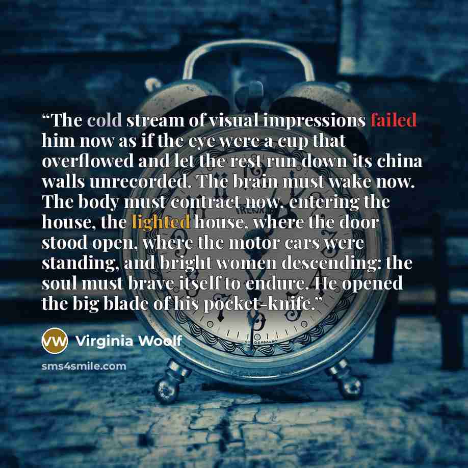 “The cold stream of visual impressions failed him now as if the eye were a cup that overflowed and let the rest run down its china walls unrecorded. The brain must wake now. The body must contract now, entering the house, the lighted house, where the door stood open, where the motor cars were…” quote by Virginia Woolf