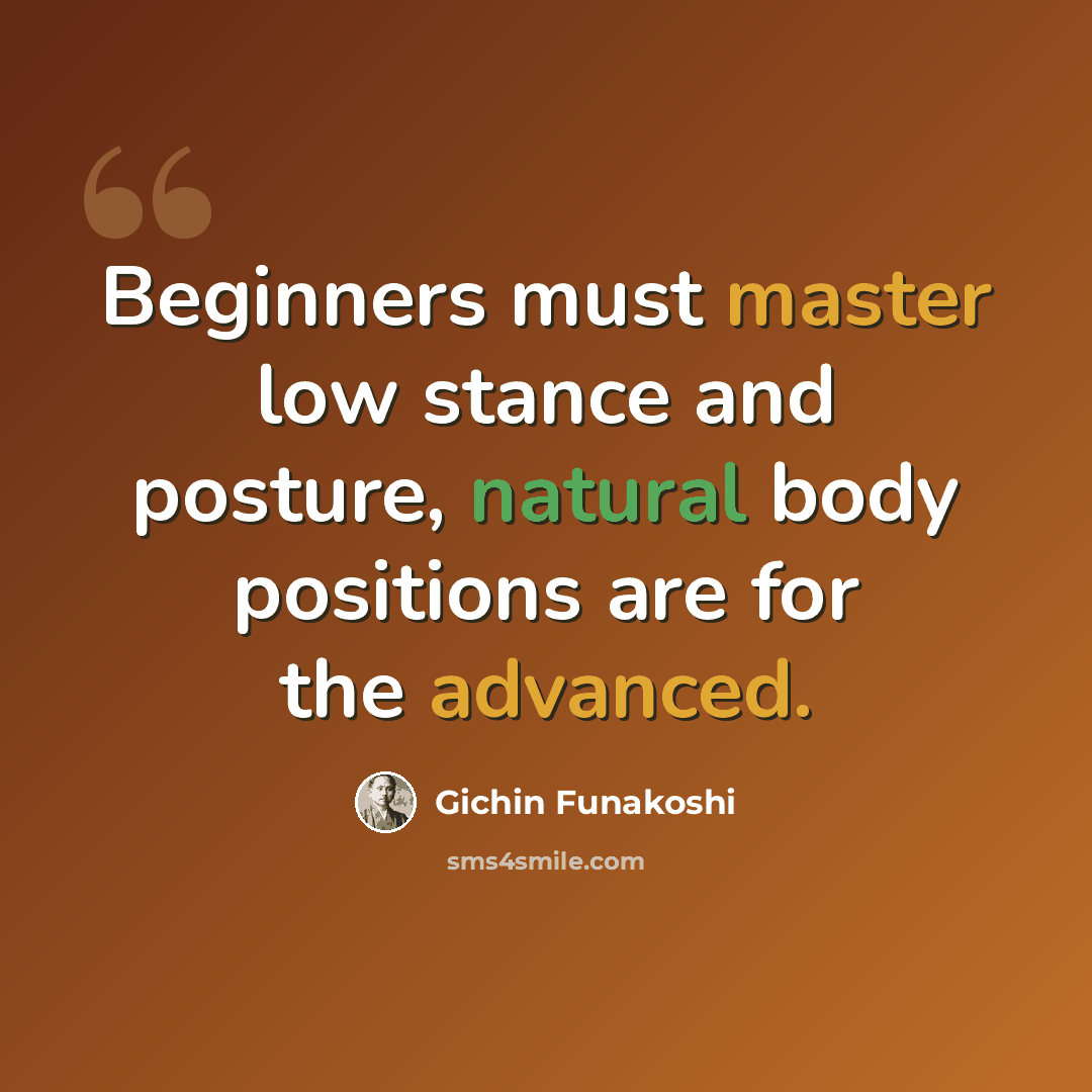 “Beginners must master low stance and posture, natural body positions are for the advanced.” quote by Gichin Funakoshi