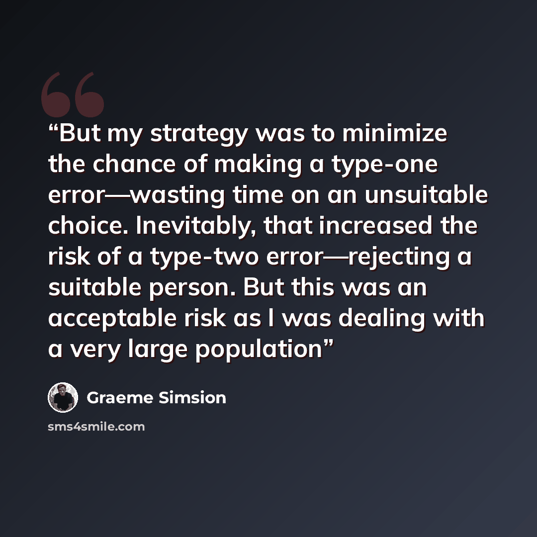 “But my strategy was to minimize the chance of making a type-one error—wasting time on an unsuitable choice. Inevitably, that increased the risk of a type-two error—rejecting a suitable person. But this was an acceptable risk as I was dealing with a very large population” quote by Graeme Simsion