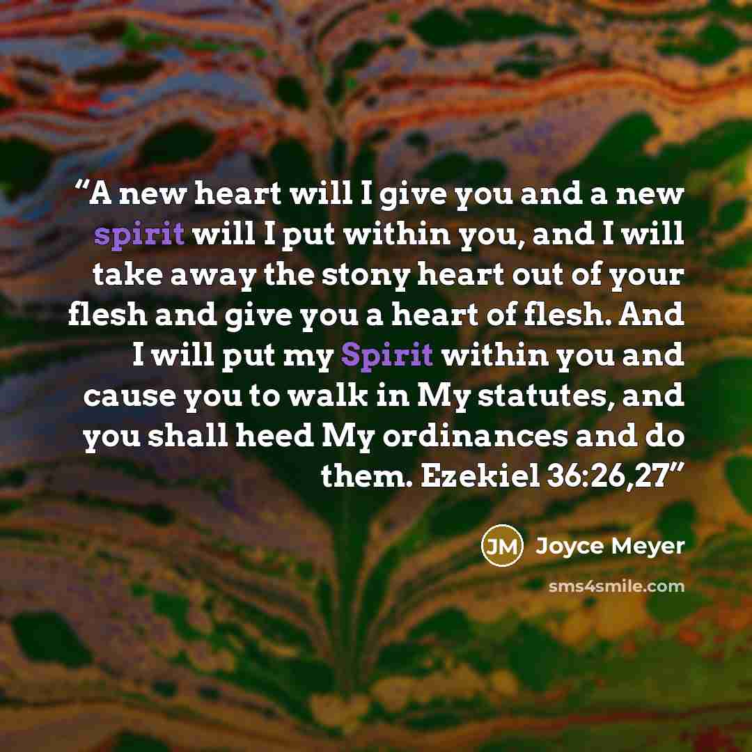 “A new heart will I give you and a new spirit will I put within you, and I will take away the stony heart out of your flesh and give you a heart of flesh. And I will put my Spirit within you and cause you to walk in My statutes, and you shall heed My ordinances and do them. Ezekiel 36:26,27” quote by Joyce Meyer