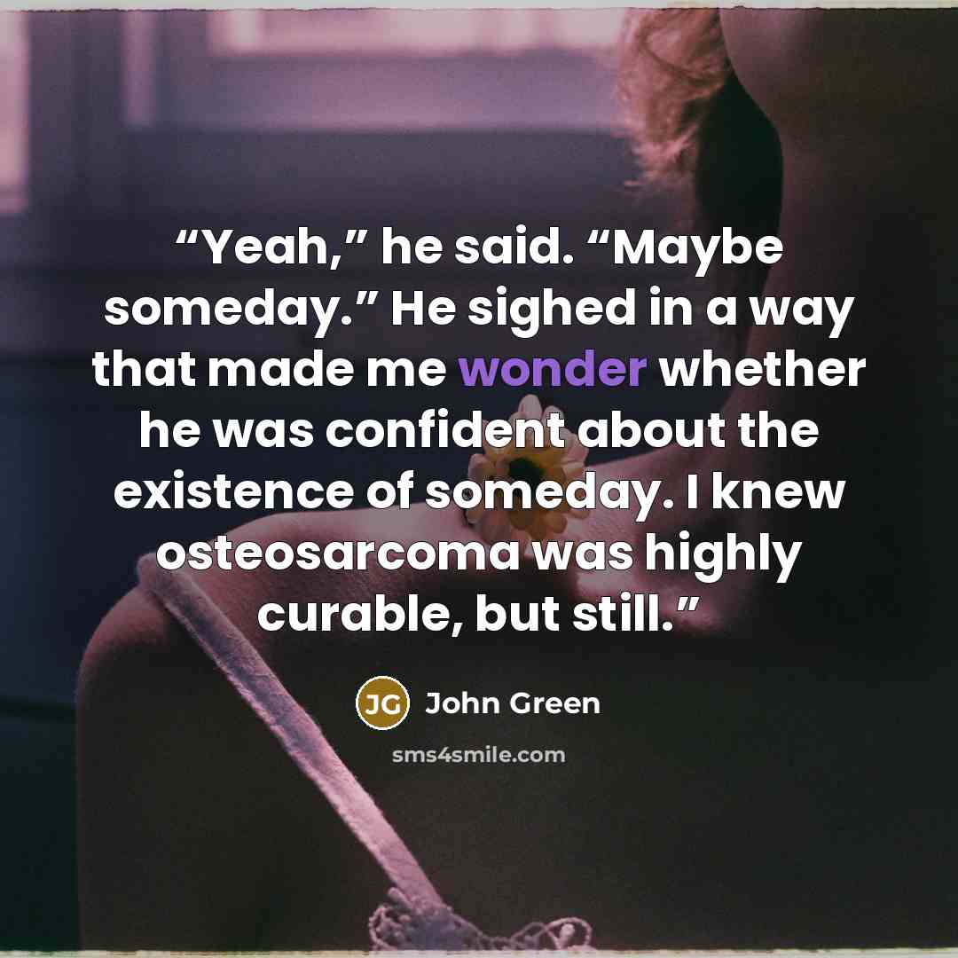 “Yeah,” he said. “Maybe someday.” He sighed in a way that made me wonder whether he was confident about the existence of someday. I knew osteosarcoma was highly curable, but still.” quote by John Green