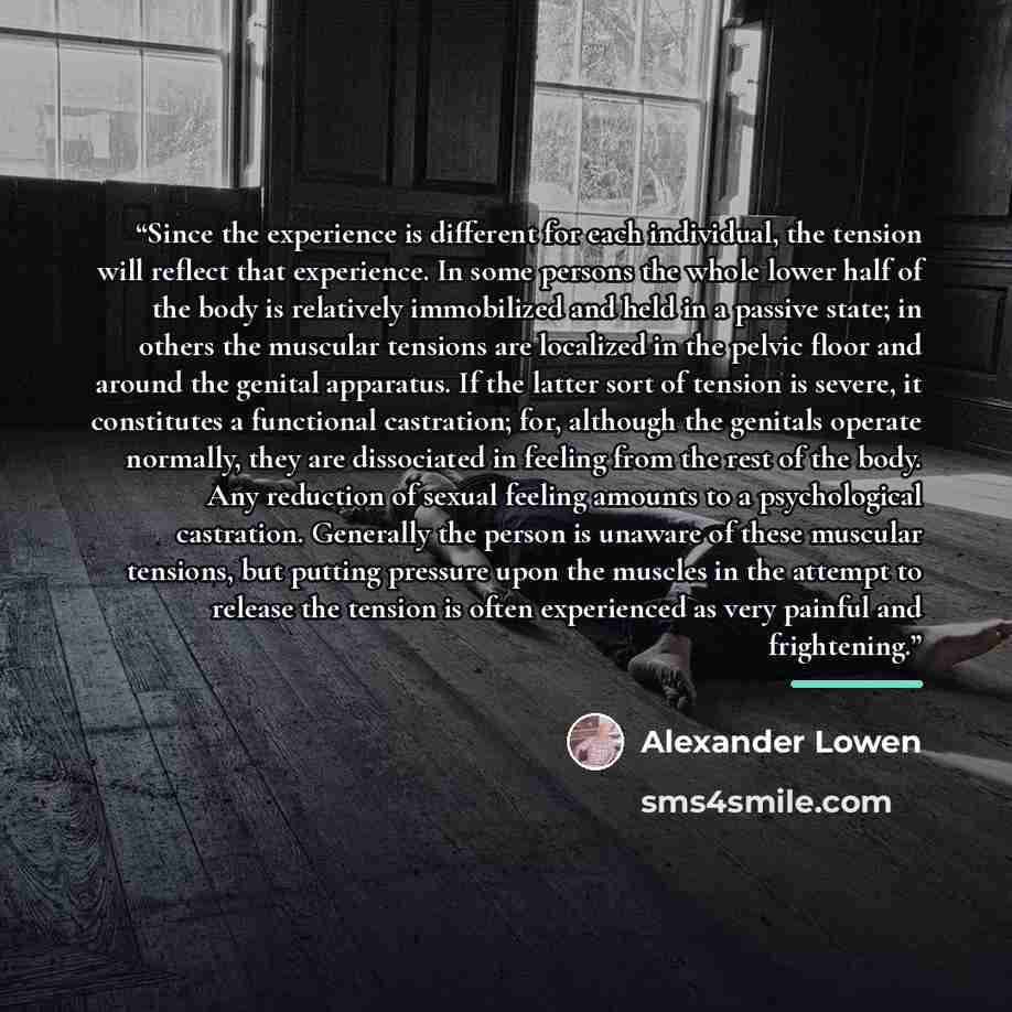 “Since the experience is different for each individual, the tension will reflect that experience. In some persons the whole lower half of the body is relatively immobilized and held in a passive state; in others the muscular tensions are localized in the pelvic floor and around the genital…” quote by Alexander Lowen
