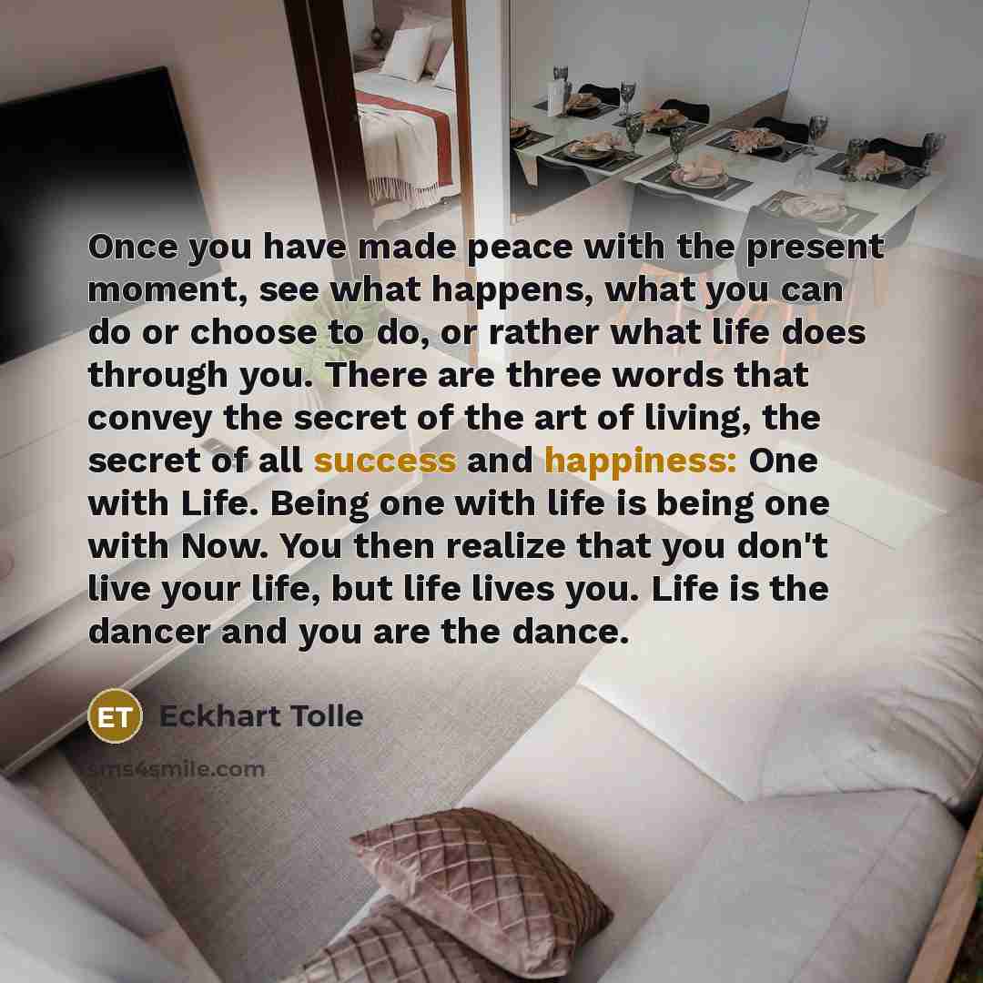 “Once you have made peace with the present moment, see what happens, what you can do or choose to do, or rather what life does through you. There are three words that convey the secret of the art of living, the secret of all success and happiness: One with Life. Being one with life is being one…” quote by Eckhart Tolle