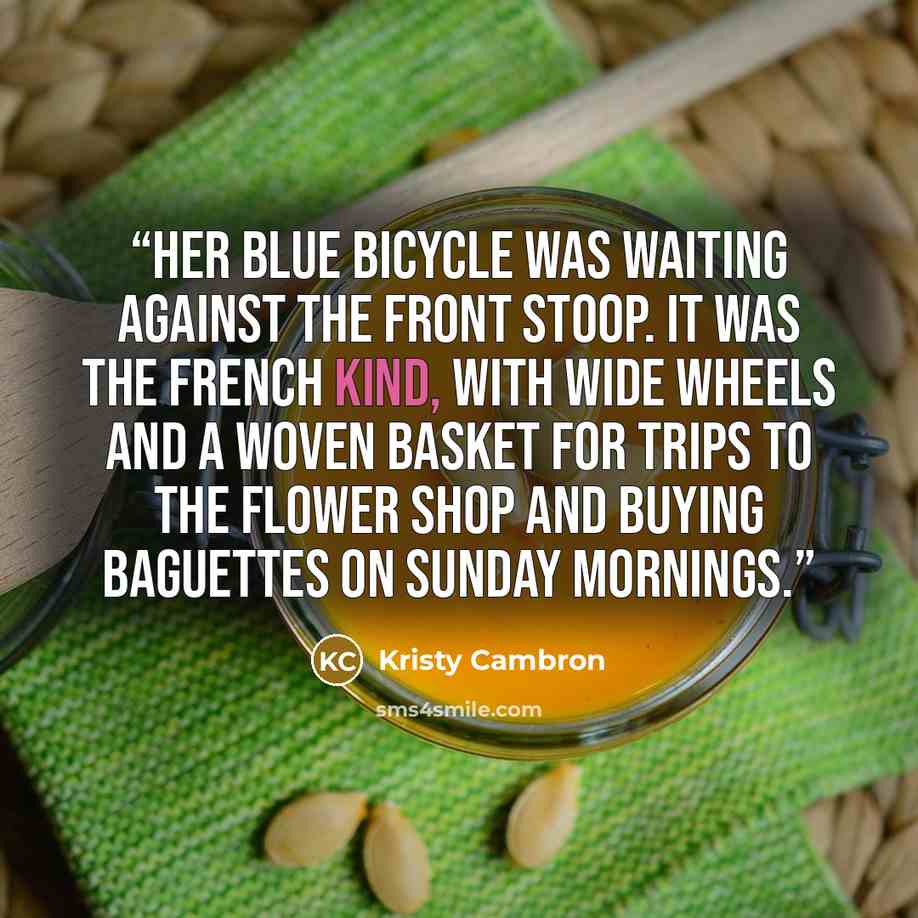 “Her blue bicycle was waiting against the front stoop. It was the French kind, with wide wheels and a woven basket for trips to the flower shop and buying baguettes on Sunday mornings.” quote by Kristy Cambron