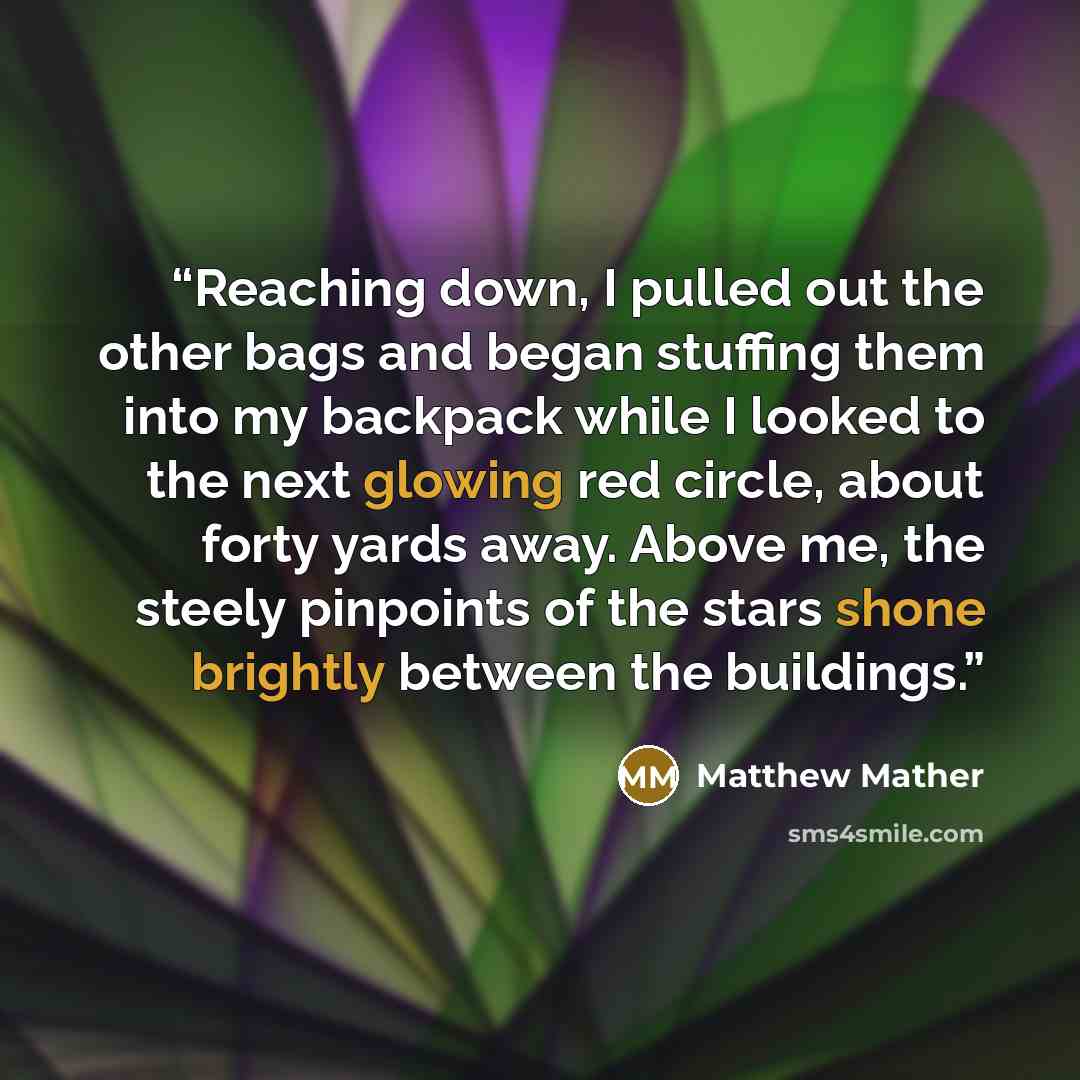 “Reaching down, I pulled out the other bags and began stuffing them into my backpack while I looked to the next glowing red circle, about forty yards away. Above me, the steely pinpoints of the stars shone brightly between the buildings.” quote by Matthew Mather