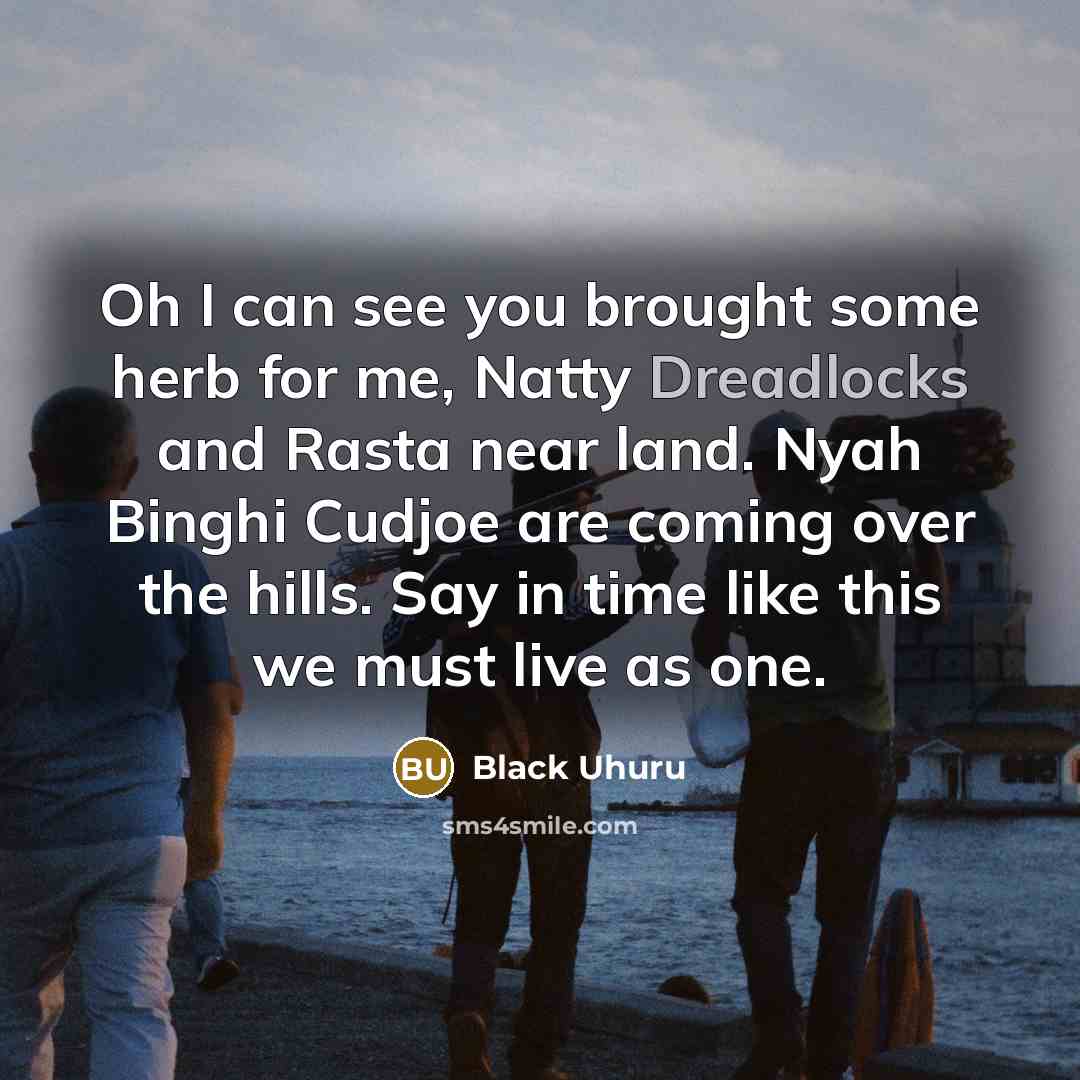 “Oh I can see you brought some herb for me, Natty Dreadlocks and Rasta near land. Nyah Binghi Cudjoe are coming over the hills. Say in time like this we must live as one.” quote by Black Uhuru