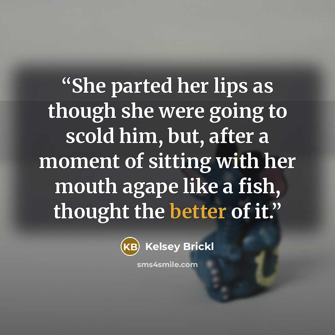 “She parted her lips as though she were going to scold him, but, after a moment of sitting with her mouth agape like a fish, thought the better of it.” quote by Kelsey Brickl