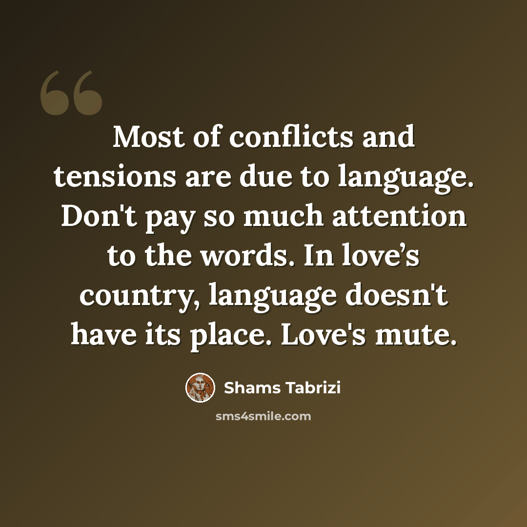 “Most of conflicts and tensions are due to language. Don't pay so much attention to the words. In love’s country, language doesn't have its place. Love's mute.” quote by Shams Tabrizi