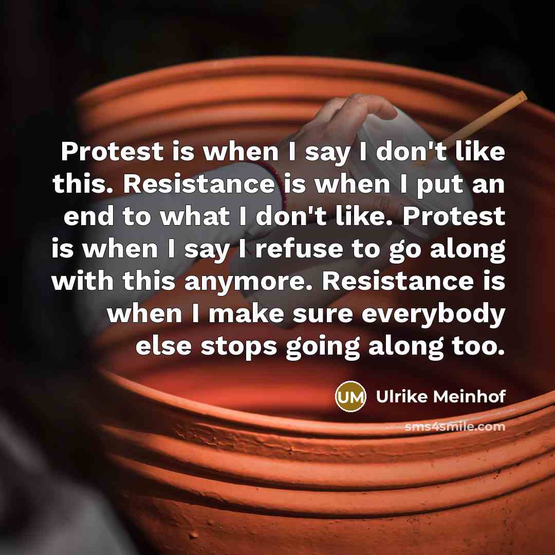 “Protest is when I say I don't like this. Resistance is when I put an end to what I don't like. Protest is when I say I refuse to go along with this anymore. Resistance is when I make sure everybody else stops going along too.” quote by Ulrike Meinhof