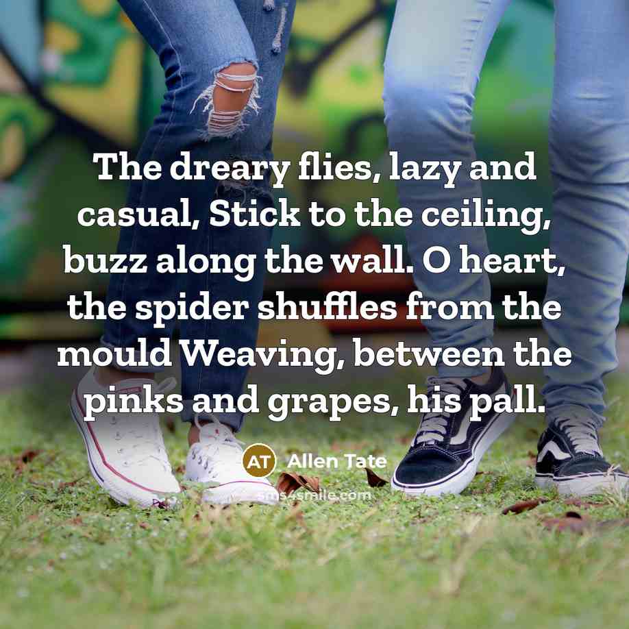 “The dreary flies, lazy and casual, Stick to the ceiling, buzz along the wall. O heart, the spider shuffles from the mould Weaving, between the pinks and grapes, his pall.” quote by Allen Tate