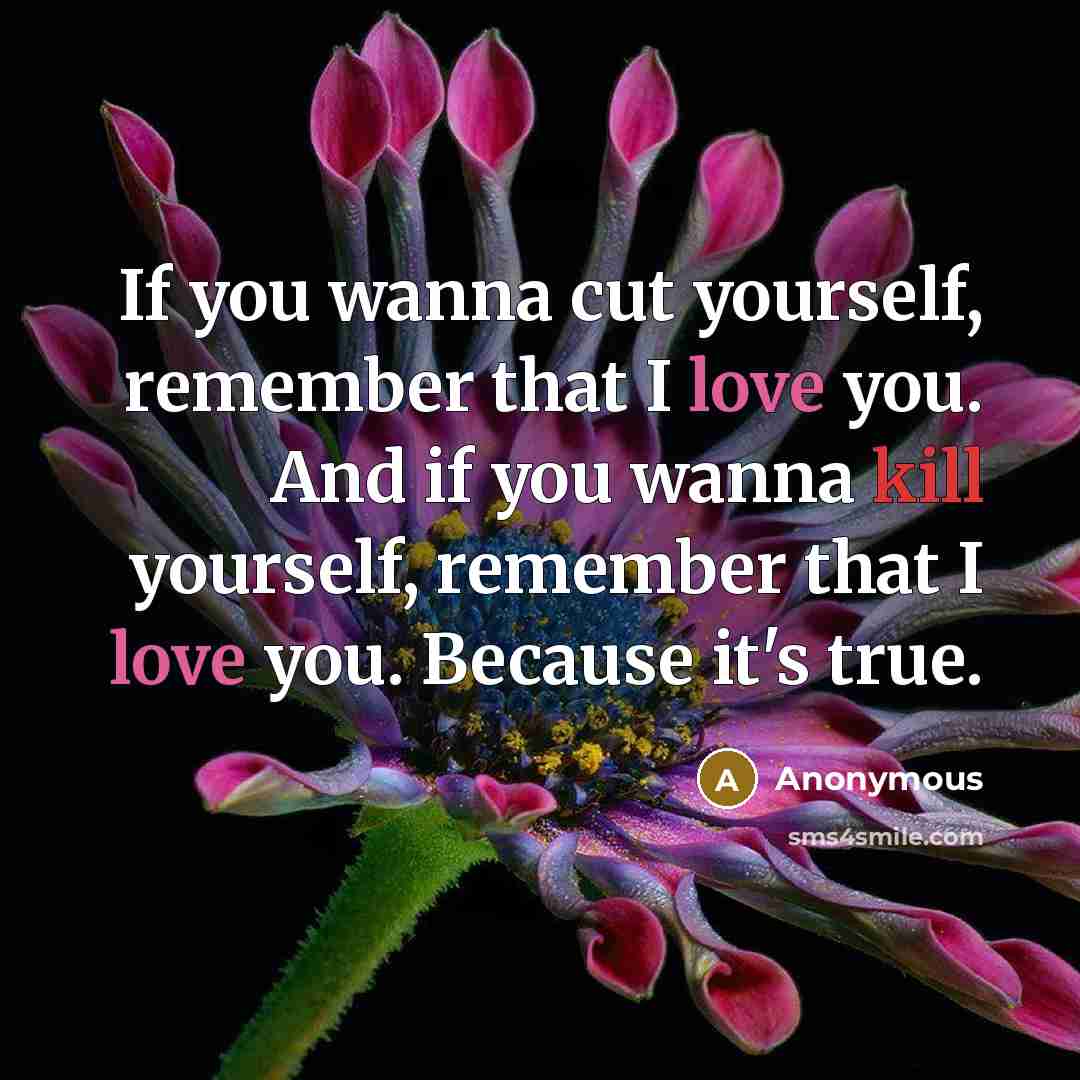 “If you wanna cut yourself, remember that I love you. And if you wanna kill yourself, remember that I love you. Because it's true.” quote by Anonymous