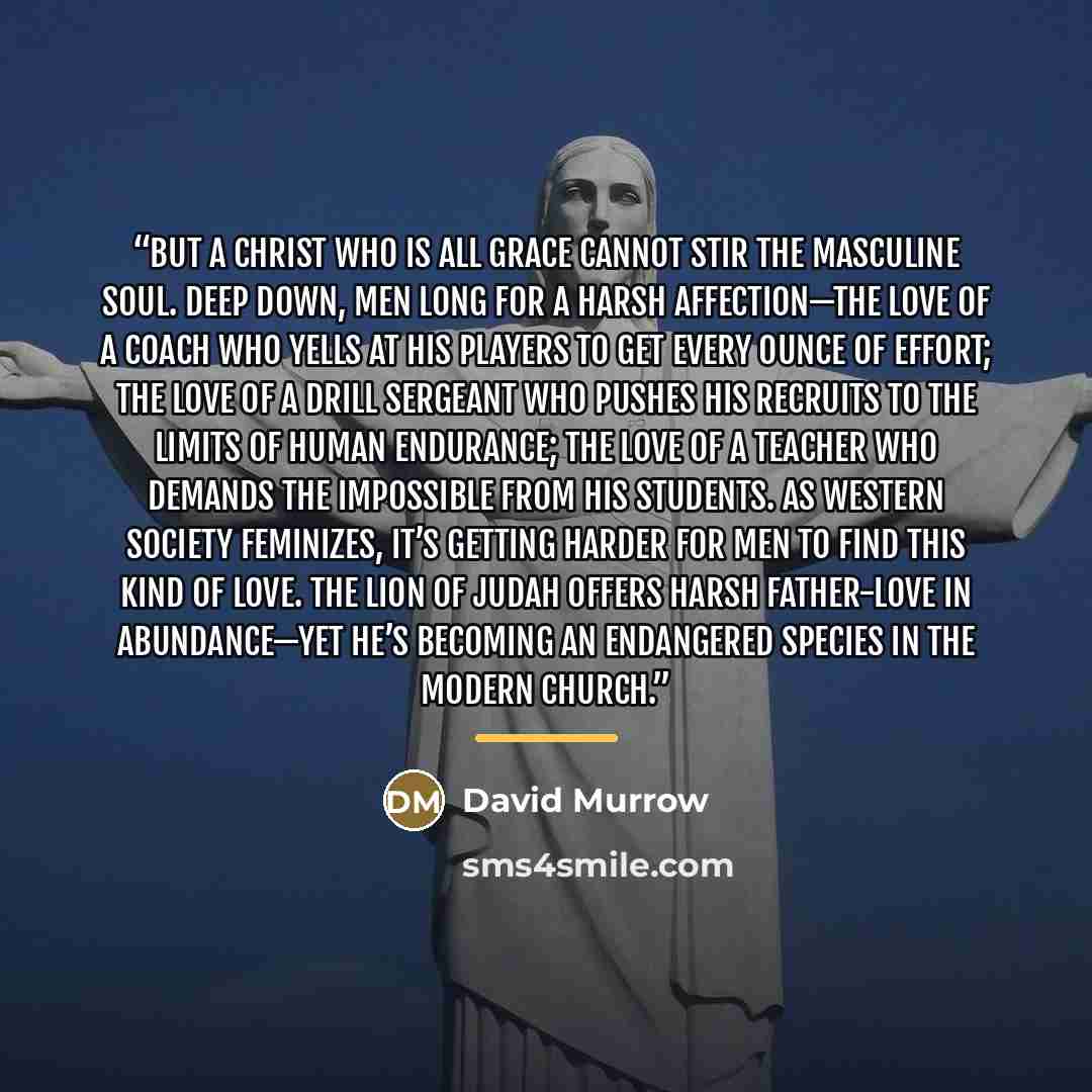 “But a Christ who is all grace cannot stir the masculine soul. Deep down, men long for a harsh affection—the love of a coach who yells at his players to get every ounce of effort; the love of a drill sergeant who pushes his recruits to the limits of human endurance; the love of a teacher who…” quote by David Murrow