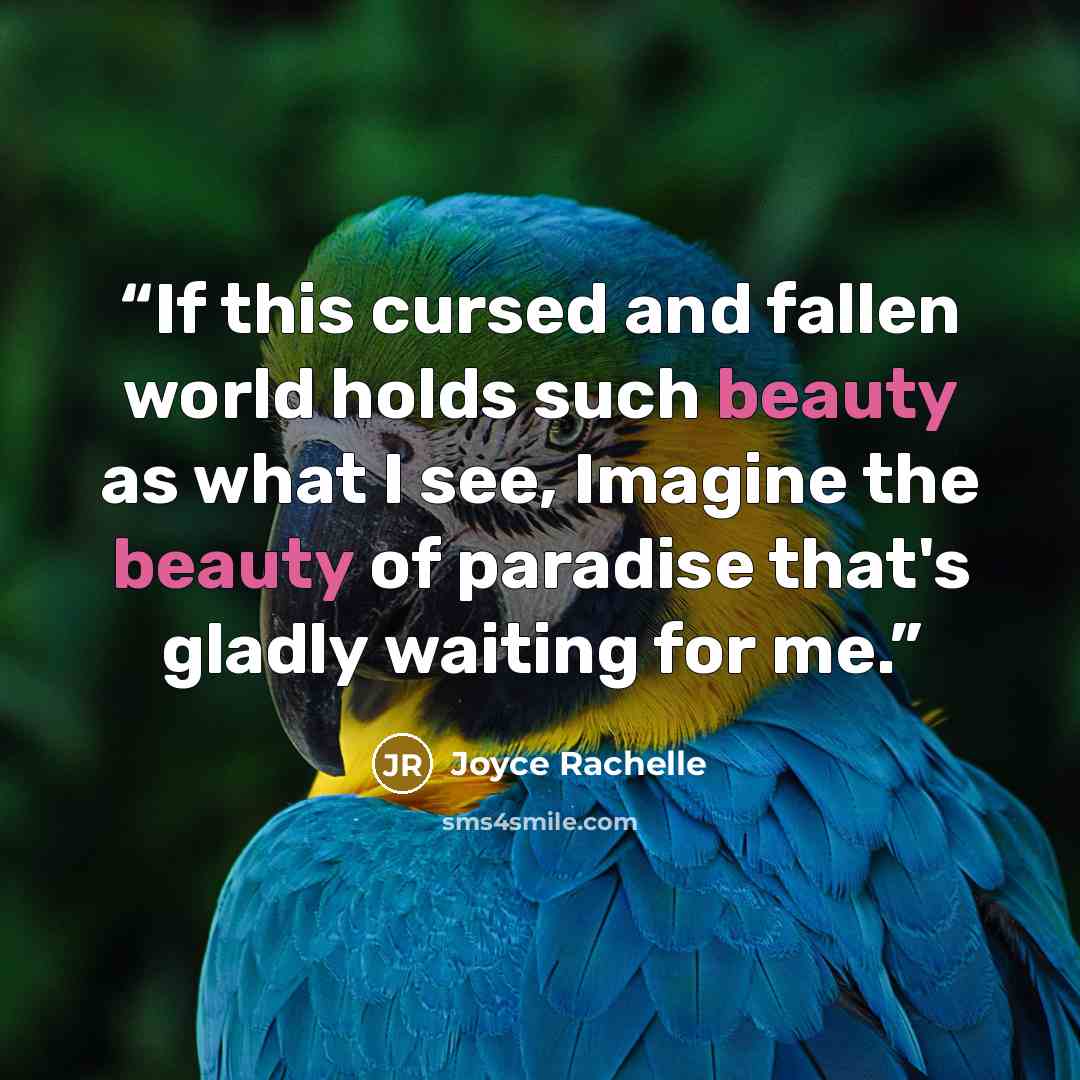 “If this cursed and fallen world holds such beauty as what I see, Imagine the beauty of paradise that's gladly waiting for me.” quote by Joyce Rachelle
