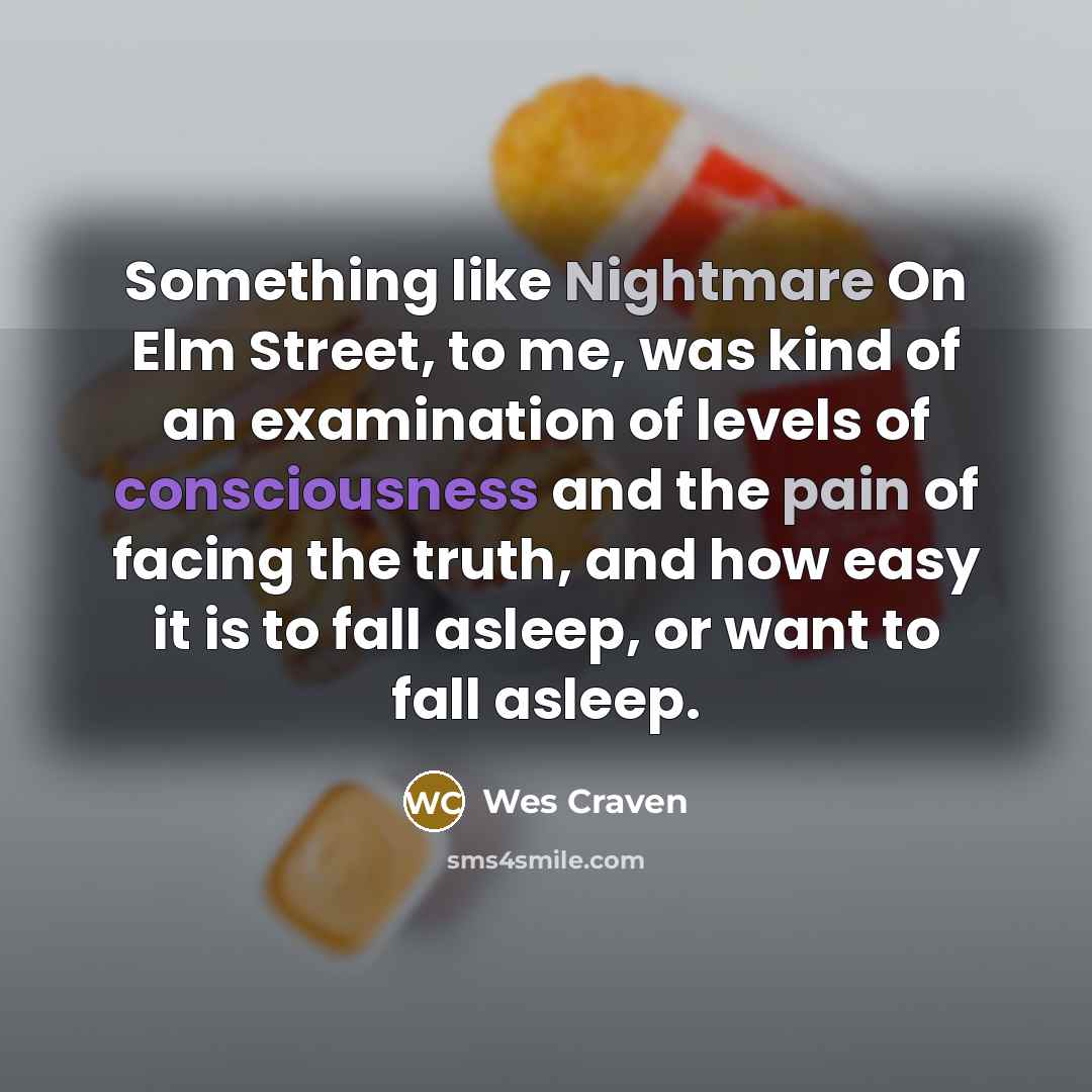 “Something like Nightmare On Elm Street, to me, was kind of an examination of levels of consciousness and the pain of facing the truth, and how easy it is to fall asleep, or want to fall asleep.” quote by Wes Craven
