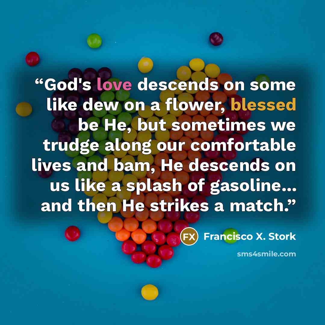 “God's love descends on some like dew on a flower, blessed be He, but sometimes we trudge along our comfortable lives and bam, He descends on us like a splash of gasoline... and then He strikes a match.” quote by Francisco X. Stork