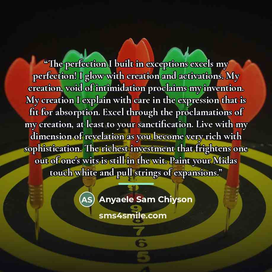 “The perfection I built in exceptions excels my perfection! I glow with creation and activations. My creation, void of intimidation proclaims my invention. My creation I explain with care in the expression that is fit for absorption. Excel through the proclamations of my creation, at least to your…” quote by Anyaele Sam Chiyson