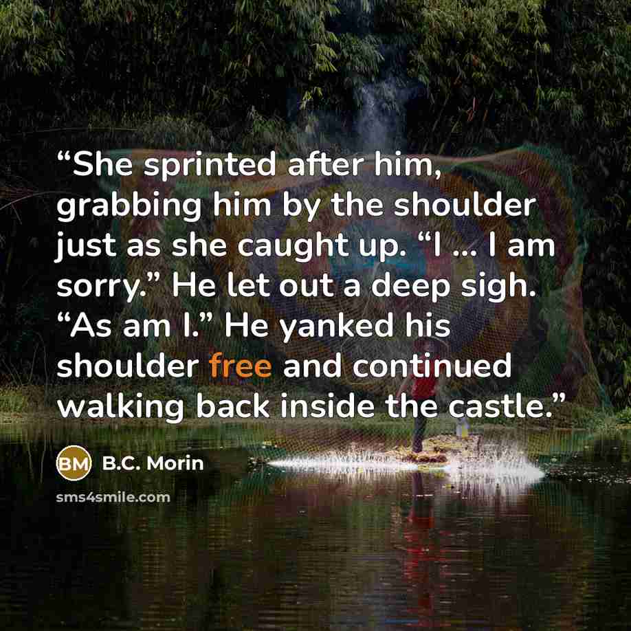 “She sprinted after him, grabbing him by the shoulder just as she caught up. “I … I am sorry.” He let out a deep sigh. “As am I.” He yanked his shoulder free and continued walking back inside the castle.” quote by B.C. Morin