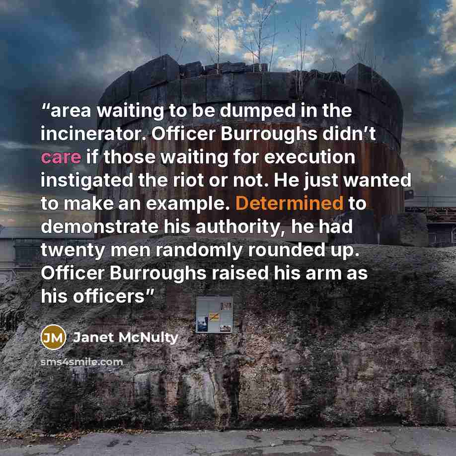 “area waiting to be dumped in the incinerator. Officer Burroughs didn’t care if those waiting for execution instigated the riot or not. He just wanted to make an example. Determined to demonstrate his authority, he had twenty men randomly rounded up. Officer Burroughs raised his arm as his officers” quote by Janet McNulty