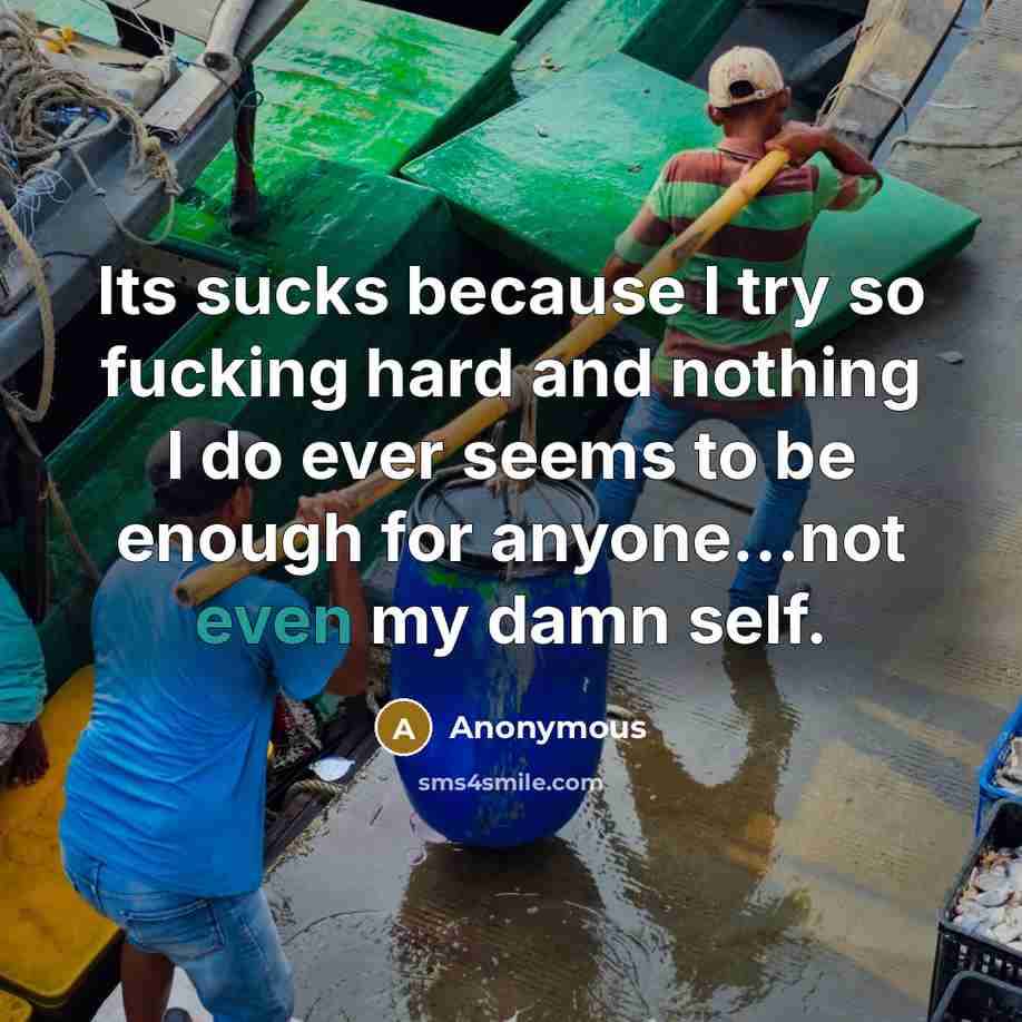 “Its sucks because I try so fucking hard and nothing I do ever seems to be enough for anyone...not even my damn self.” quote by Anonymous