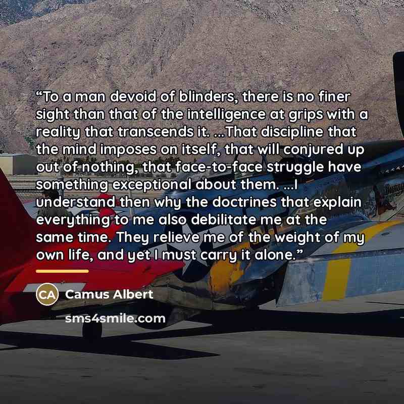 “To a man devoid of blinders, there is no finer sight than that of the intelligence at grips with a reality that transcends it. ...That discipline that the mind imposes on itself, that will conjured up out of nothing, that face-to-face struggle have something exceptional about them. ...I understand…” quote by Camus Albert