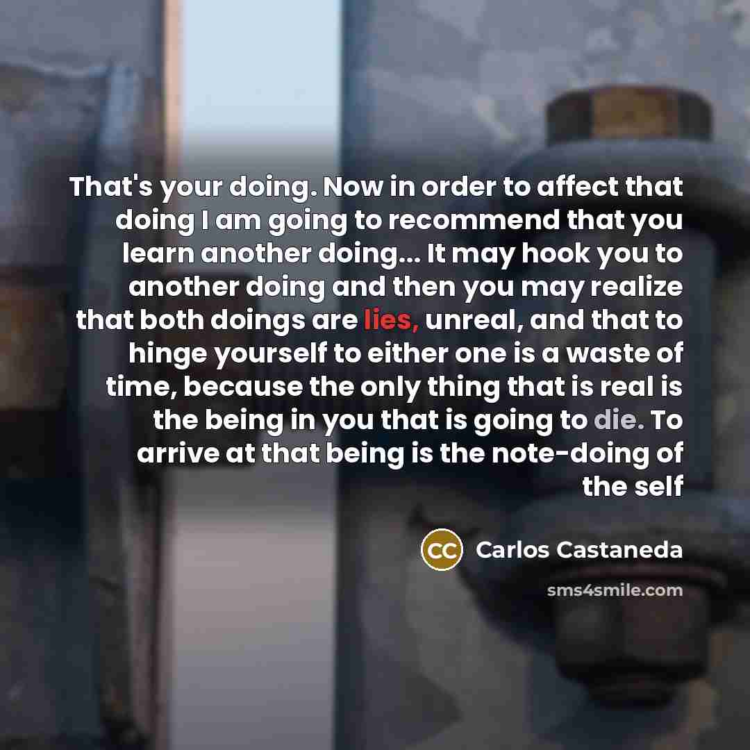 “That's your doing. Now in order to affect that doing I am going to recommend that you learn another doing... It may hook you to another doing and then you may realize that both doings are lies, unreal, and that to hinge yourself to either one is a waste of time, because the only thing that is real…” quote by Carlos Castaneda