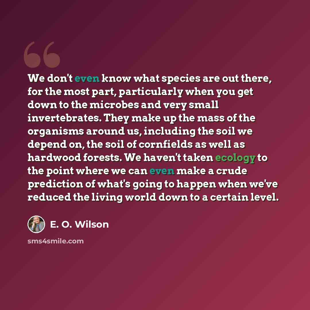 “We don't even know what species are out there, for the most part, particularly when you get down to the microbes and very small invertebrates. They make up the mass of the organisms around us, including the soil we depend on, the soil of cornfields as well as hardwood forests. We haven't taken…” quote by E. O. Wilson
