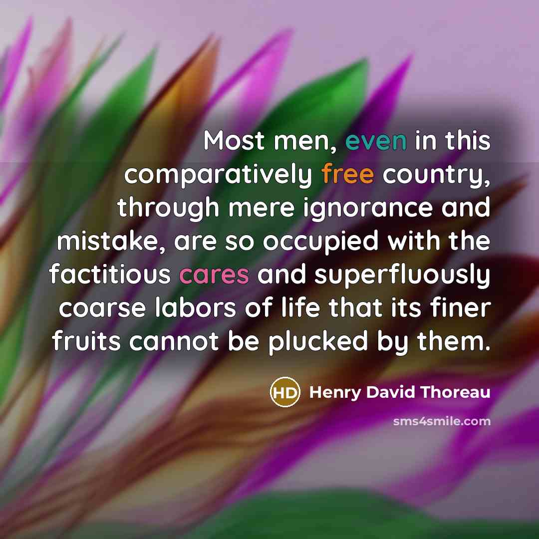 “Most men, even in this comparatively free country, through mere ignorance and mistake, are so occupied with the factitious cares and superfluously coarse labors of life that its finer fruits cannot be plucked by them.” quote by Henry David Thoreau