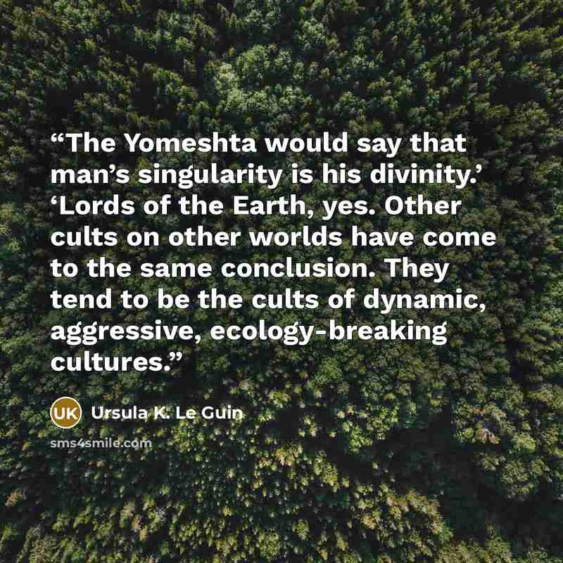 “The Yomeshta would say that man’s singularity is his divinity.’ ‘Lords of the Earth, yes. Other cults on other worlds have come to the same conclusion. They tend to be the cults of dynamic, aggressive, ecology-breaking cultures.” quote by Ursula K. Le Guin