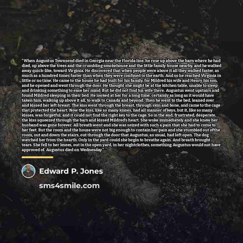 “When Augustus Townsend died in Georgia near the Florida line, he rose up above the barn where he had died, up above the trees and the crumbling smokehouse and the little family house nearby, and he walked away quick-like, toward Virginia. He discovered that when people were above it all they…” quote by Edward P. Jones
