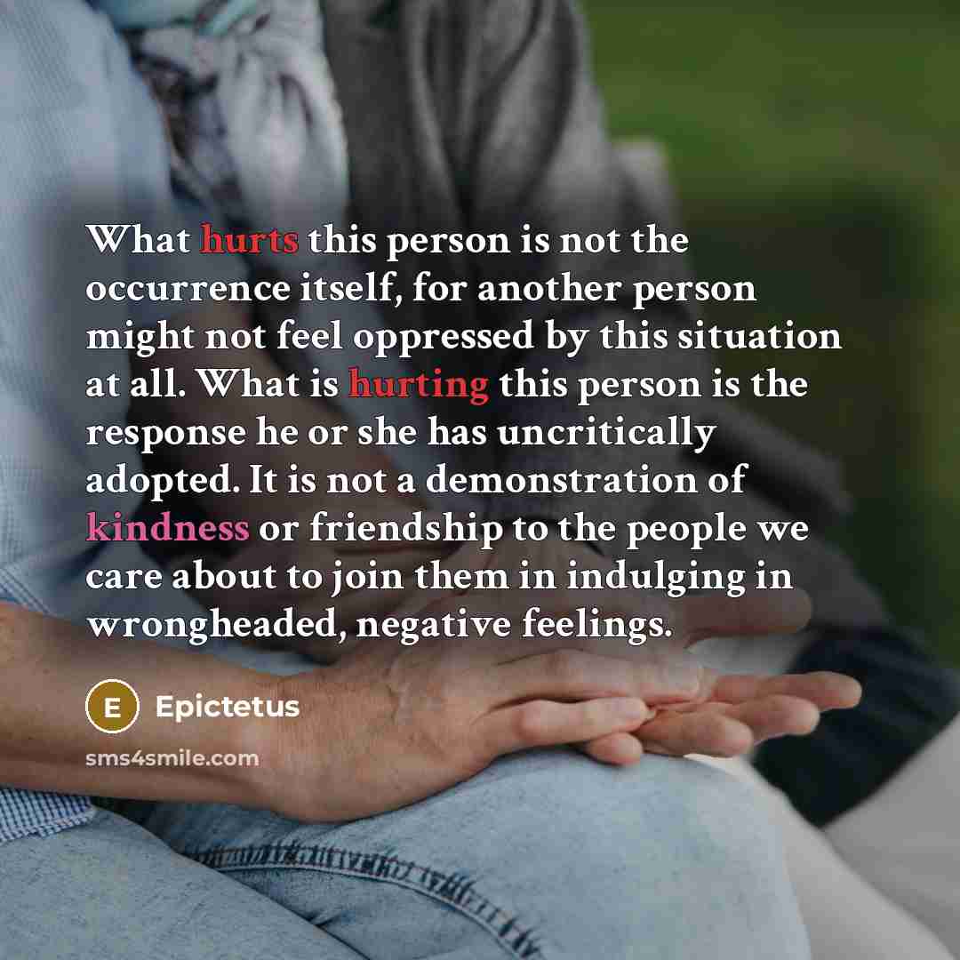 “What hurts this person is not the occurrence itself, for another person might not feel oppressed by this situation at all. What is hurting this person is the response he or she has uncritically adopted. It is not a demonstration of kindness or friendship to the people we care about to join them in…” quote by Epictetus