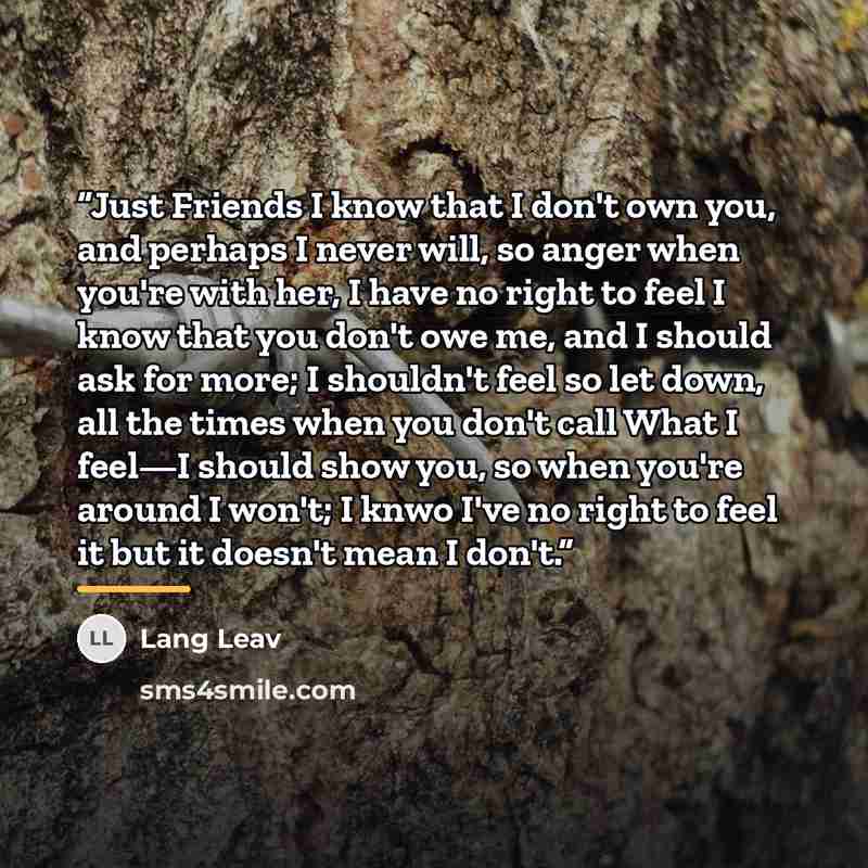 “Just Friends I know that I don't own you, and perhaps I never will, so anger when you're with her, I have no right to feel I know that you don't owe me, and I should ask for more; I shouldn't feel so let down, all the times when you don't call What I feel—I should show you, so when you're around I…” quote by Lang Leav